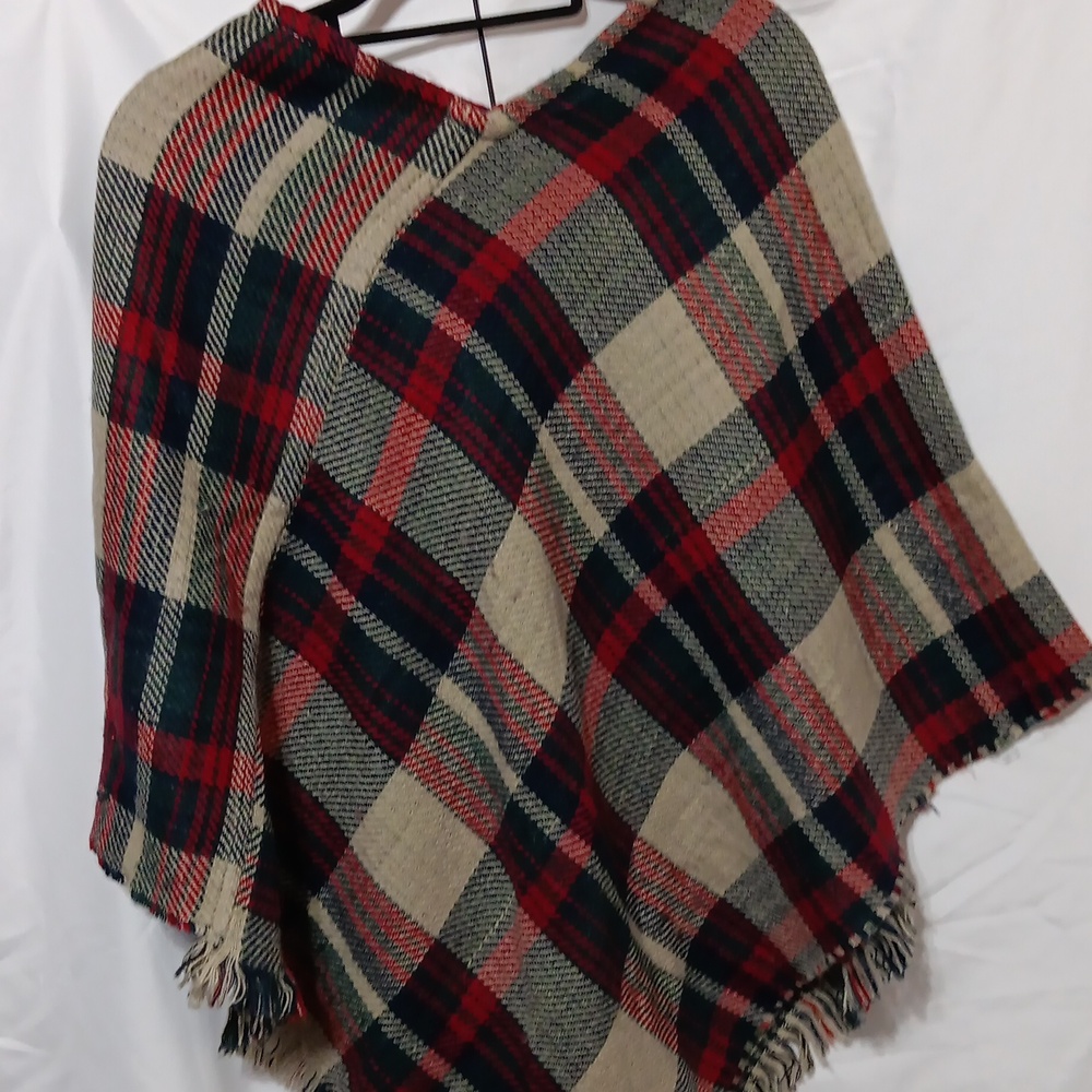 Elegant Red and Cream Reversable Plaid Poncho.